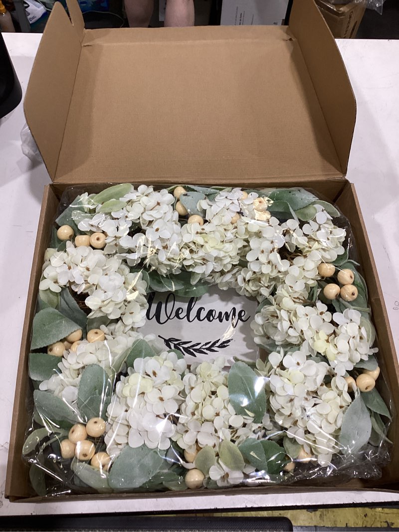 Condition photo showing Good Condition for year round wreaths for front door 22 inch, spring/summer wreath with hydrangeas lamb's leaves berries welcome board for holiday farmhouse home indoor outdoor wedding party wall window decor green-welcome 22"