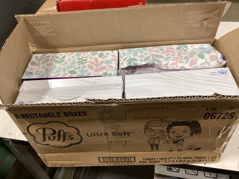 Condition photo showing New/Like New for puffs ultra soft non-lotion facial tissue, 8 family boxes, 124 facial tissues per box 124 count (pack of 8)