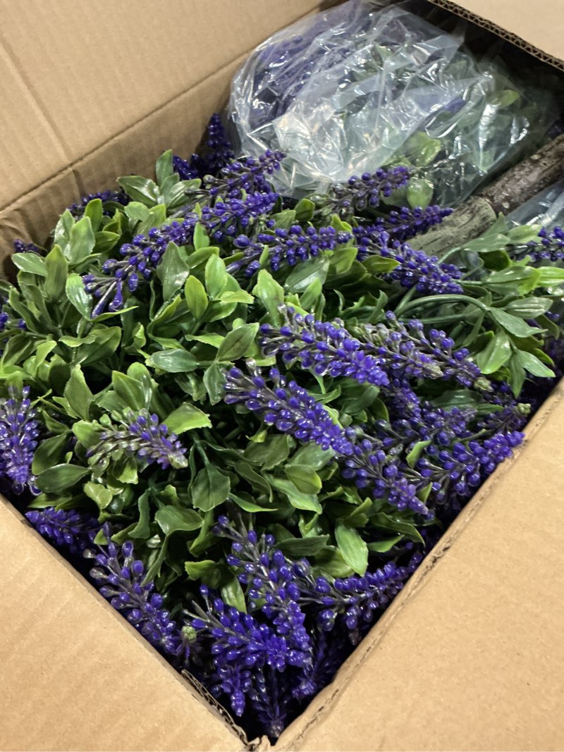 Condition photo showing Good Condition for artificial boxwood topiary ball with lavender, set of 2 artificial shrub bushes with ground spike, fake evergreen tree for porch, artificial plants for outdoor planters indoor uv resistant