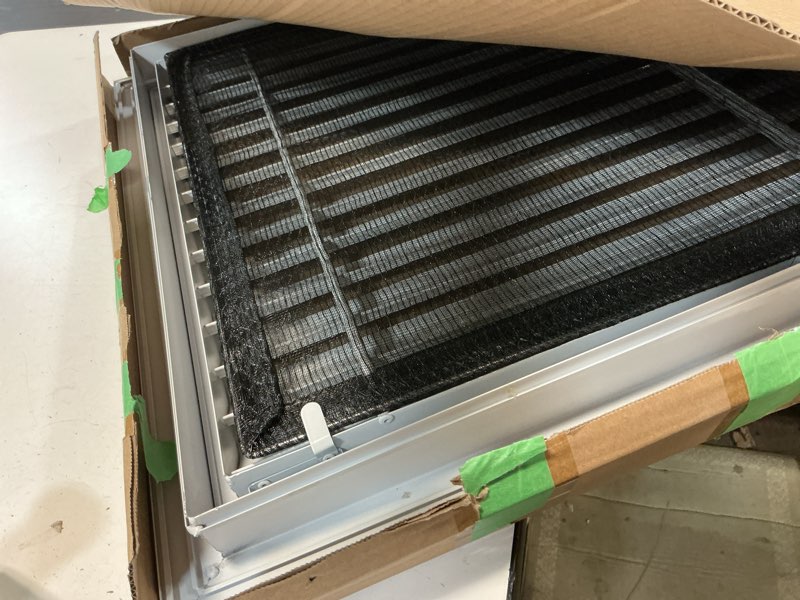 Condition photo showing As Is for PATIKIL 20" x 20" Aluminum Return Grille, Return Air Vent Cover Linear Bar Removable Grille with Mesh Filter for Sidewall Wall Ceiling Floor HVAC System, White 20 x 20 Inch