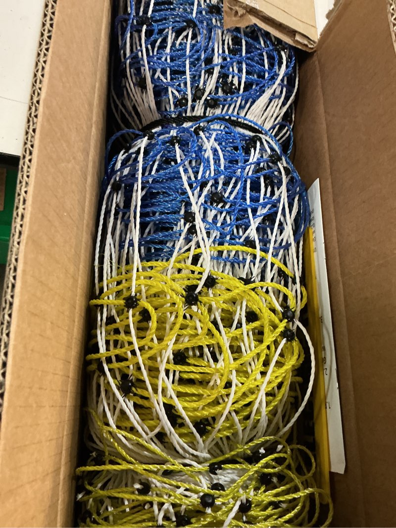 Condition photo showing New/Like New for electric fence netting, 42.5" h x 164' l, portable livestock electric net fencing for goats, sheep, hogs, deer & dogs, highly visible blue mesh with double spike posts for backyard, farm & homestead blue 42.5" hx 164'l-livestock