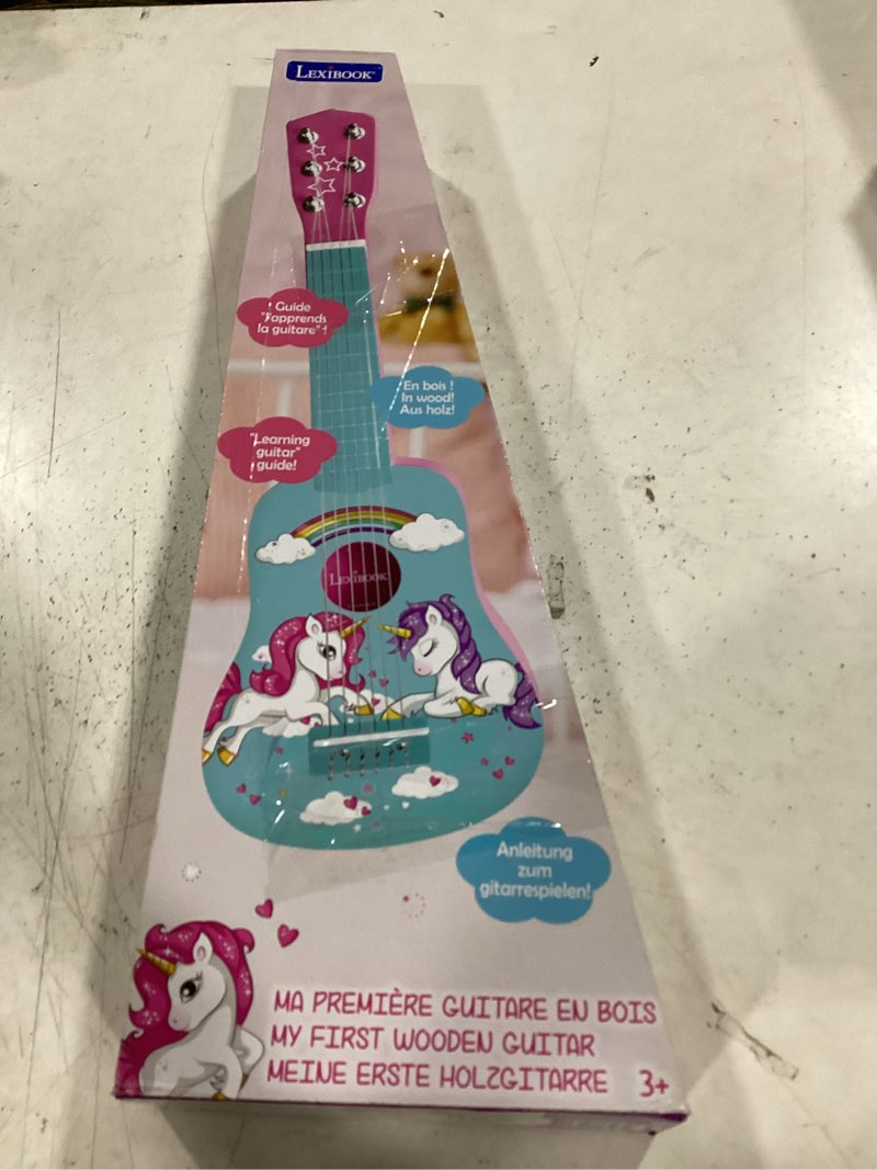 Condition photo showing New/Like New for lexibook wooden unicorn guitar 6 strings blue/pink