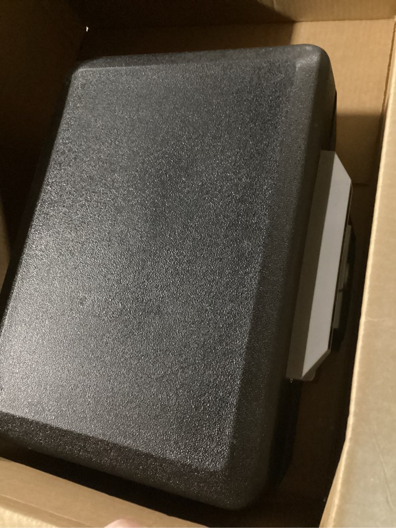 Condition photo showing Good Condition for sentrysafe fireproof money safe with key lock, black lock box with portable carrying handle for travel, exterior: 14.3 in. w x 11.2 in. d x 6.1 in h, 1200 fire resistant box 0.18 cu. ft.