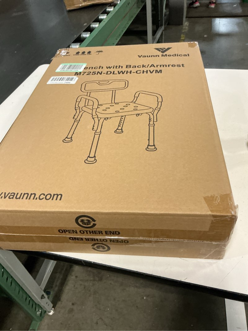 Condition photo showing New/Like New for vaunn medical deluxe spa shower chair with arms and back, bath seat for seniors, 350 lbs max weight, white with light gray arms
