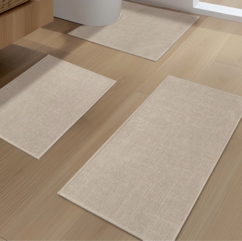 3 piece linen-look bath rug set with non-slip backing