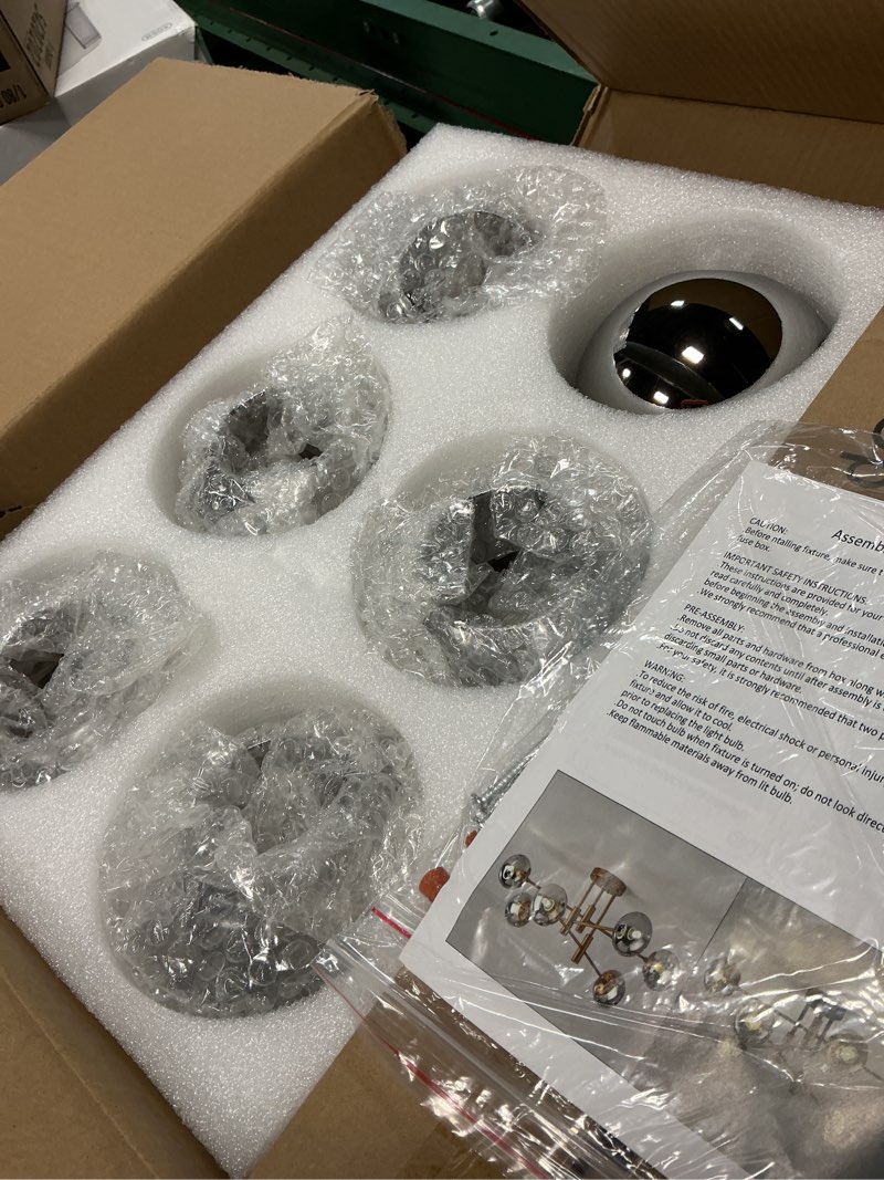 Condition photo showing Good Condition for 6-light glass globe sputnik chandelier modern matte black and gold ceiling light fixture vintage hanging chandeliers for farmhouse living room, kitchen dining room bedroom black/gold 6-light