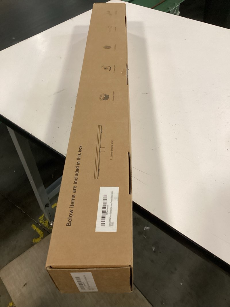 Condition photo showing New/Like New for 32-inch linear shower drain with tile insert grate, sus 304 stainless steel linear drain, brushed nickel long rectangle shower floor drain with leveling feet, hair strainer, fits bathroom brushed nickel 32 inch