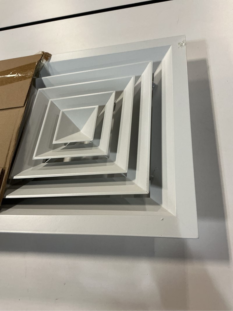 Condition photo showing Good Condition for PATIKIL 11" x 11" Square Ceiling Diffuser,Aluminum Square Vent Cover HVAC Ceiling Diffuser for HVAC System Horizontal Flow Duct Industrial Home Office,White, 14" x 14" Ducting Opening Size 11 x 11 Inch