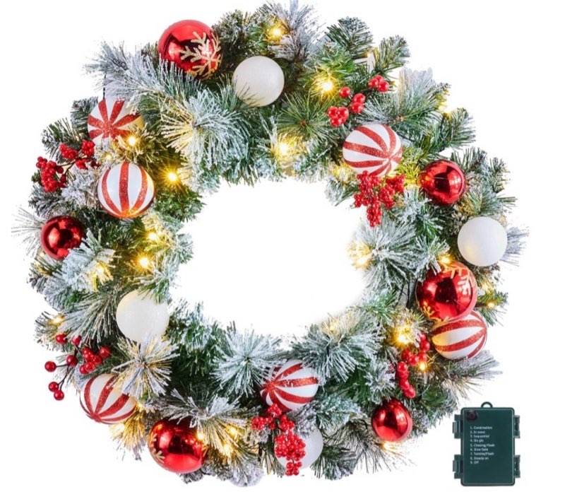 pre-lit artificial christmas wreath 24inch, christmas door decorations wreath with 50led warm lights