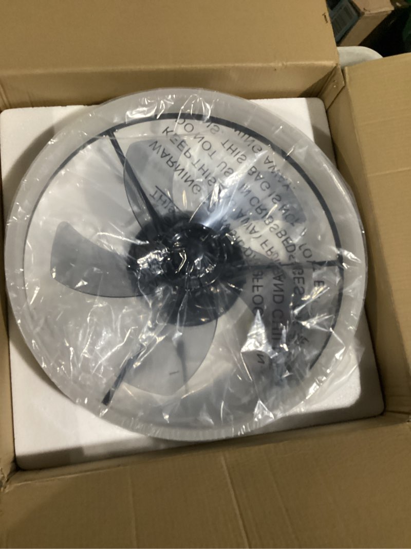 Condition photo showing New/Like New for VOLISUN Low Profile Ceiling Fans with Lights and Remote, 19.7in Flush Mount Ceiling Fan with Light, 3000K-6500K Dimmable Fandelier LED Fan Light, Black Bladeless Ceiling Fans with Lights for Bedroom Black 19.7 INCH