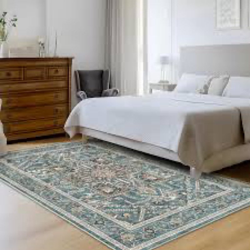 WITSHOCK 5x8 Teal Washable Area Rug for Living Room: Boho Soft Low Pile Carpet, Stain Resistant Fold