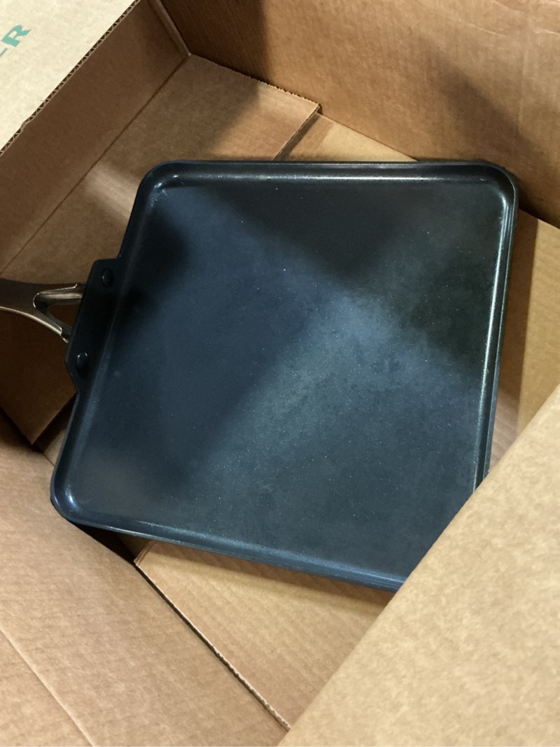 Condition photo showing As Is for blue diamond 11" nonstick square griddle pan, non toxic pfas-free diamond ceramic, dishwasher & oven safe, even heating, metal utensil safe, warp control, blue 11" griddle pan