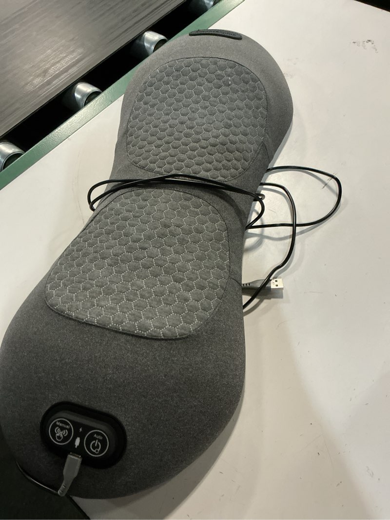 Condition photo showing As Is for 3-in-1 back massager with heat & vibration, smooth spine triple fusion lumbar support pillow for lower back and sciatica pain relief, deep tissue relaxation for bed or office chair
