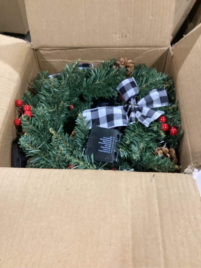 Condition photo showing Good Condition for Ceenna Set of 6 Prelit Lighted Christmas Wreath 15 Inch Prelit Christmas Wreath with Large Buffalo Bow Battery Operated with 8 Modes Timer Remote Holiday Indoor Outdoor Decor(Retro)