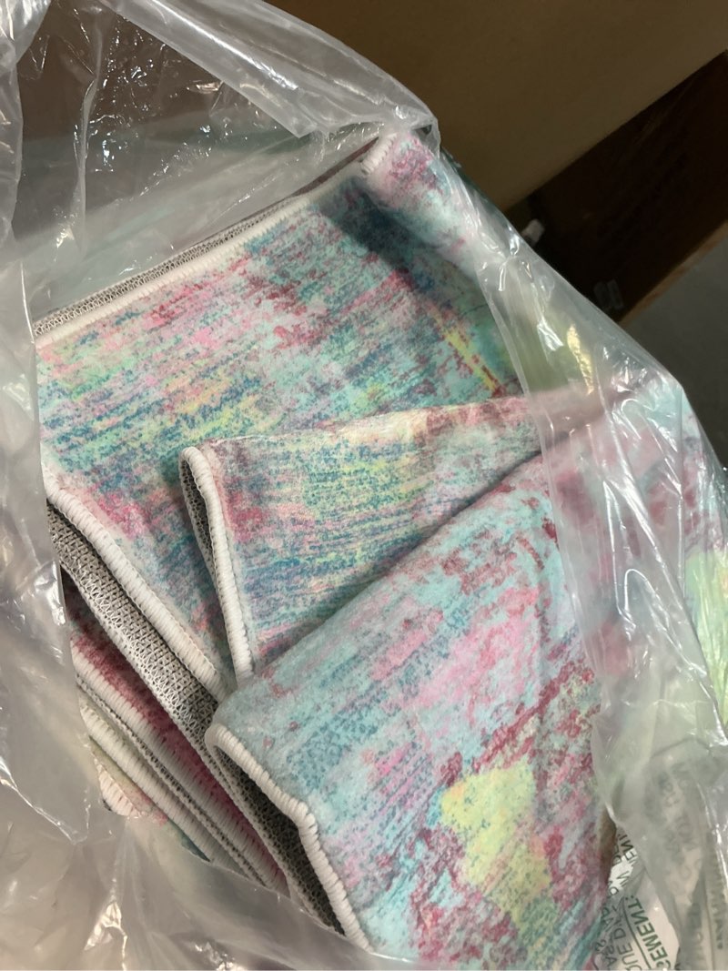 Condition photo showing Good Condition for Modern Abstract Runner Rug 2x10, Blue Washable Long Kitchen Non-Slip Soft Hallway Thin Print Faux Wool Carpet for Entryway Bedroom Laundry Room Indoor Home Decor 2' x 10' (Runner) Blue Aqua/Beige Taupe Multi