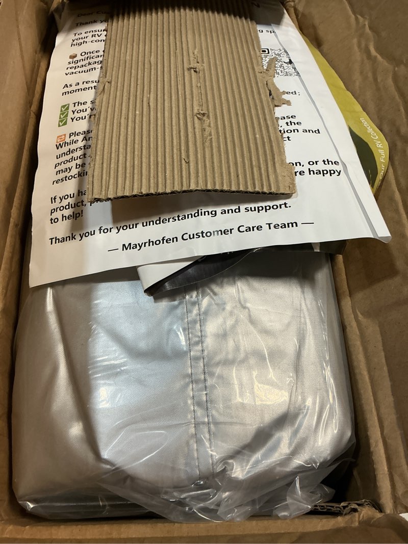 Condition photo showing As Is for 600D Oxford Fabric RV Cover 16-18ft Travel Trailer Cover, Multi-Layer Breathable Rip-Stop Camper Cover with Water-Resistant Coating, Repair Kit, Gutter Protection, Tire Straps Travel Trailer 16-18FT