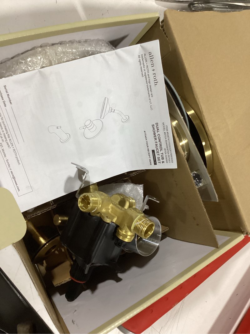 Condition photo showing As Is for allen + roth harlow brushed gold 2-handle 6-in round bathtub and shower faucet with valve (single function)