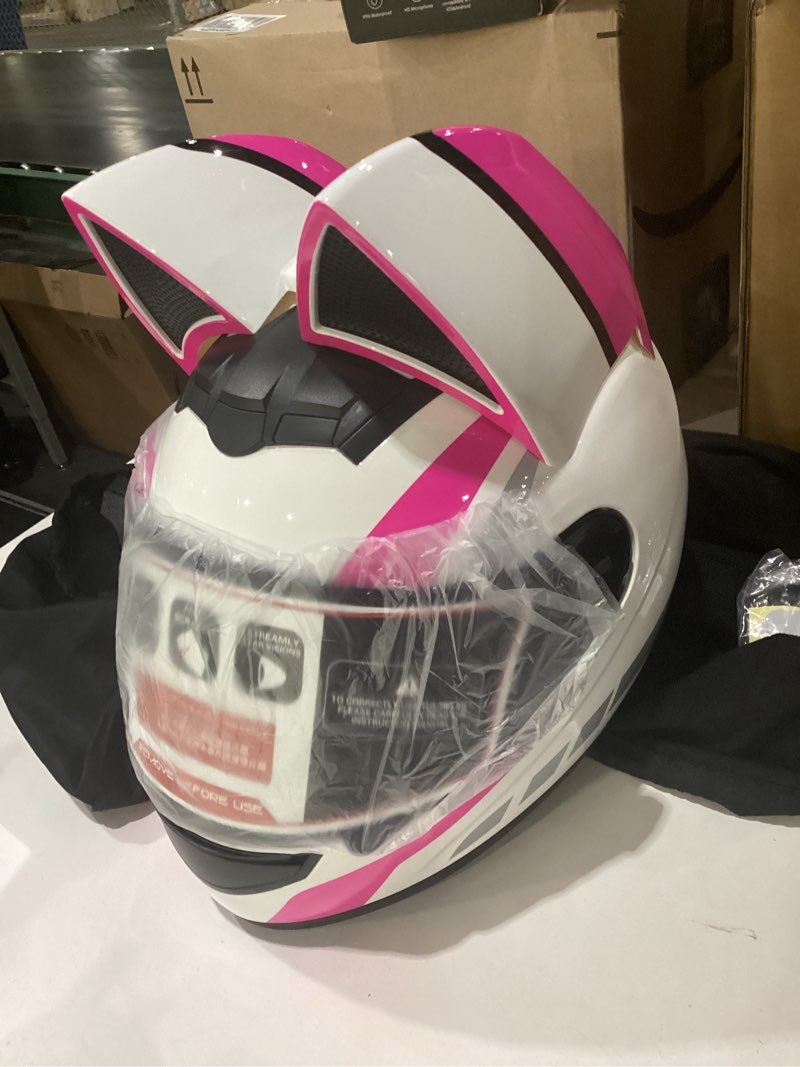 Condition photo showing Good Condition for bluetooth motorcycle cat ear helmets ,men women moped scooter dirtbike atv full face motorbike adult helmet dot approved, built-in dual speaker with microphone large white+pink