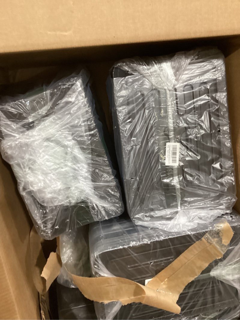 Condition photo showing As Is for plastic storage bins with latching lids.3 packs stackable storage containers for organizing.large clear black storage box for garage,closet,kitchen.17 qt