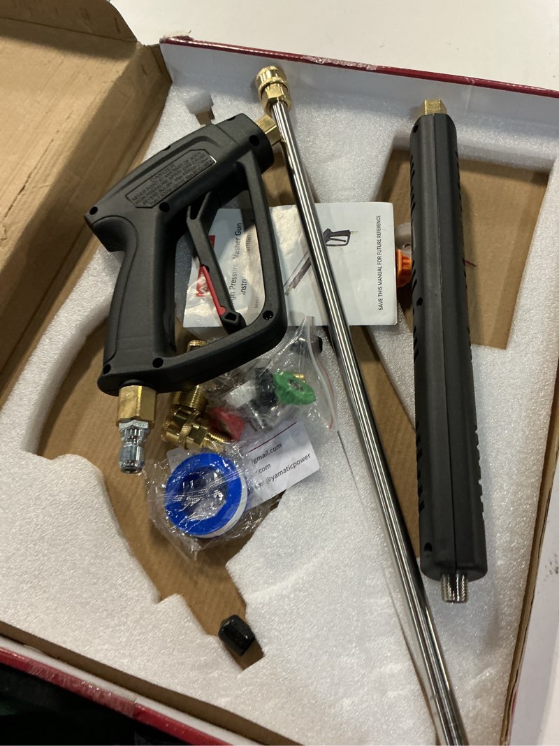 Condition photo showing Good Condition for yamatic pressure washer gun wand with swivel 3/8" plug & m22 coupler, stainless steel extension lance replacement for ryobi, simpson, craftsman power washer for foam cannon car wash, 4000 psi solid brass long gun