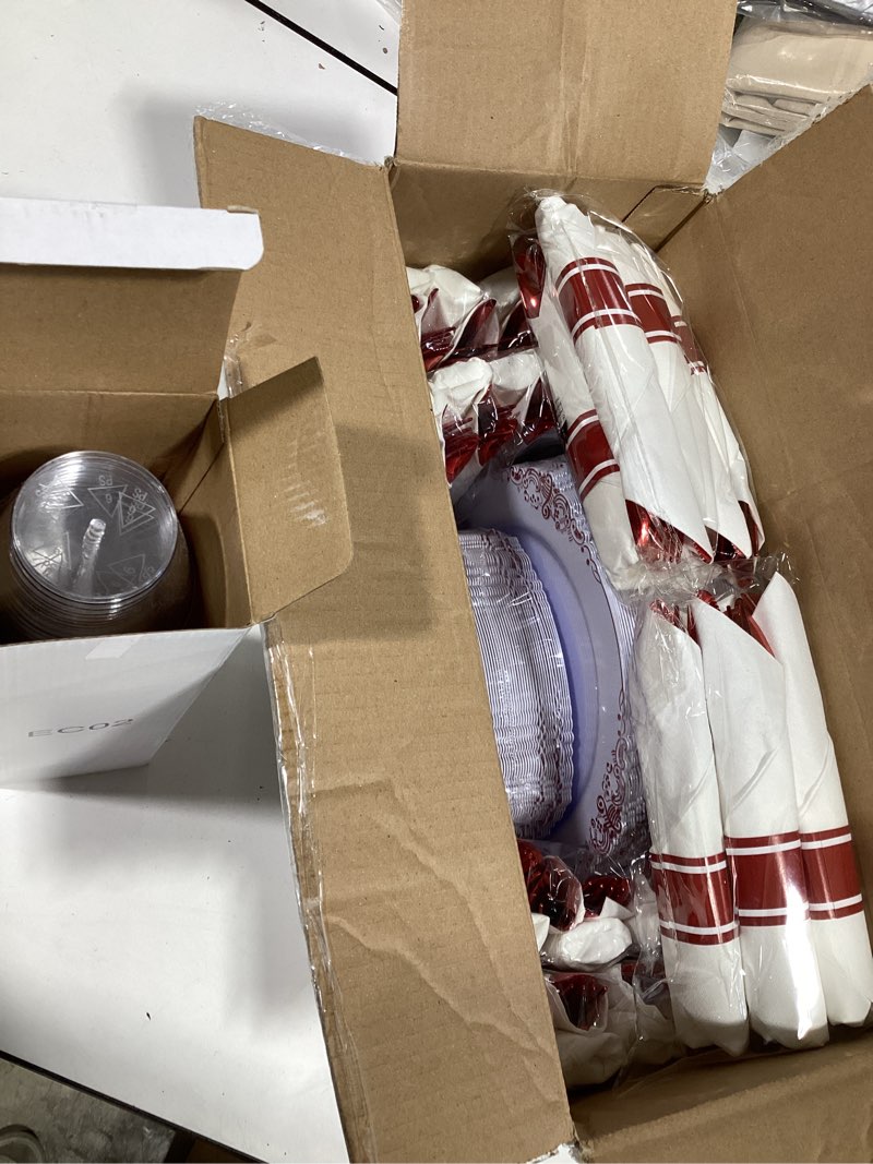 Condition photo showing New/Like New for nervure 350pcs red plastic plates - white red plastic dinnerware set for 50 guests - 100 red disposable plates, 50 pre rolled cutlery set, 50 cups perfect for wedding & party white and red 50