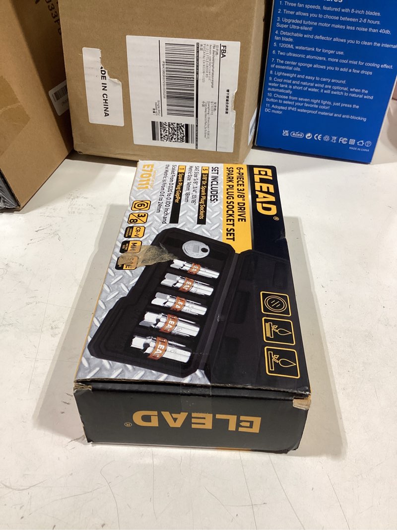 Condition photo showing As Is for elead 6-piece 3/8" drive spark plug socket set with spark plug gapper, sae & metric, 5/8", 3/4", 13/16", 14mm, 18mm, cr-v sockets with rubber holding rings 6-piece spark plug