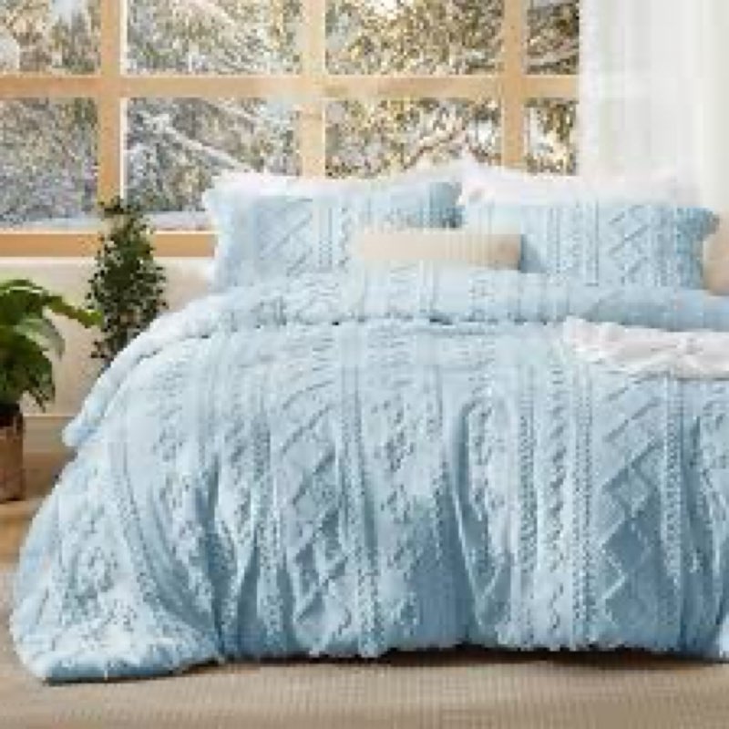 Bedsure Tufted Boho Comforter Set Queen Size - Blue! Boho Bed Set, GentleSoft™ 3 Pieces Farmhouse Shabby Chic Embroidery Bedding, Gifts for Woman, Soft Jacquard Queen Comforter for All Seasons Queen 01 - Blue - Elegant