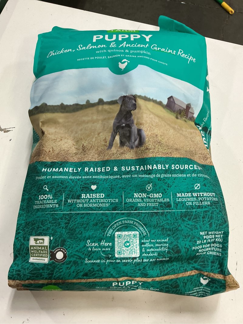 Condition photo showing Good Condition for (best by 08/13/2027) ancient grains dry dog food for puppies, protein-rich & nutrient dense, 90% animal protein mixed with non-gmo fruits, veggies and superfoods, chicken & salmon recipe for puppy, 22lb bag