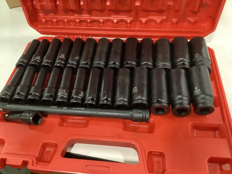 Condition photo showing As Is for 1/2" Drive Impact Socket Set 29-Piece, Cr-V-M Steel Deep Socket SAE(3/8" - 1") & Metric(10-24mm) Sizes, with Extension Bar Come with Storage Case 1/2-29 pcs