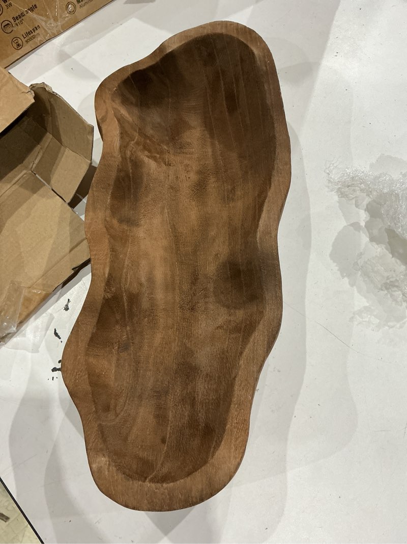 Condition photo showing Good Condition for nuogo 1 pack 16 inch wavy live edge dough bowl large size wood rustic dough bowl decorative for diy farmhouse home supplies kitchen decoration(dark color) brown 16 inch