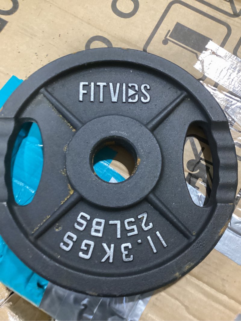 Condition photo showing As Is for olympic cast iron plate for strength training and weightlifting, pairs, sets or set with barbell, multiple sizes 25lb pair two hole vintage