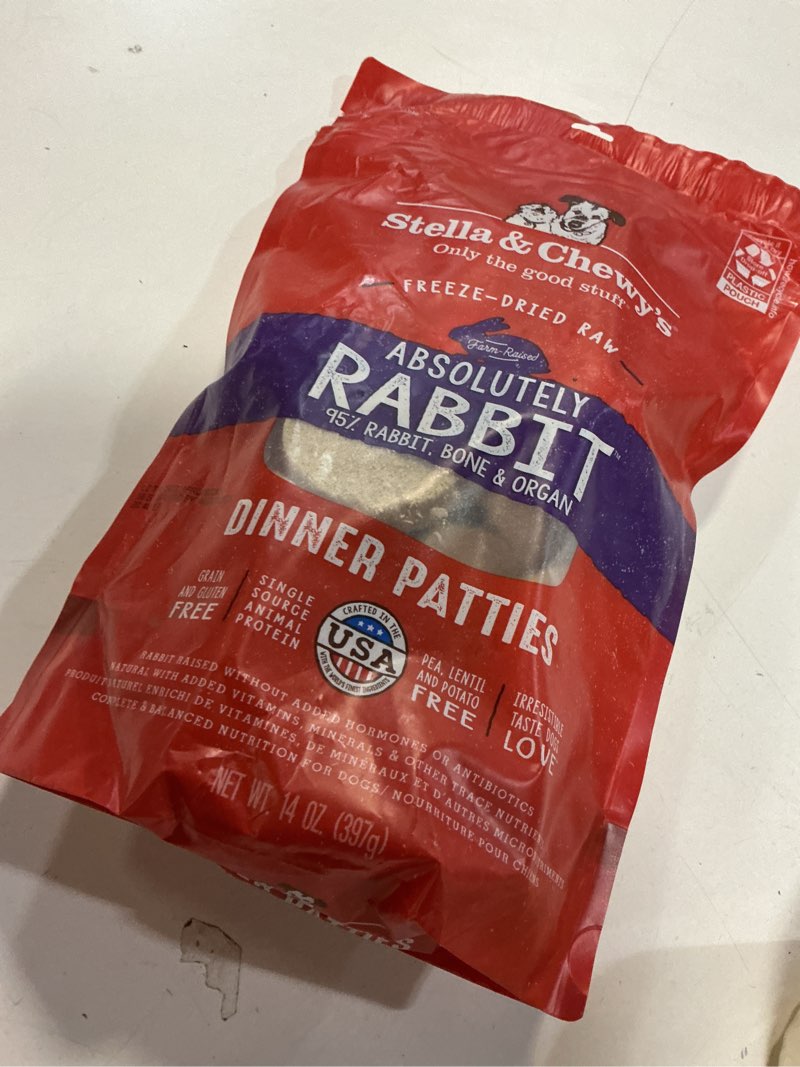 Condition photo showing Good Condition for Stella & Chewy's Freeze-Dried Raw Dinner Patties - Absolutely Rabbit Recipe - High Protein Grain-Free Puppy & Dog Food - Perfect For Picky Eaters - 14 oz Absolutely Rabbit 14 Ounce (Pack of 1)(best if used by aug 20/2025 )