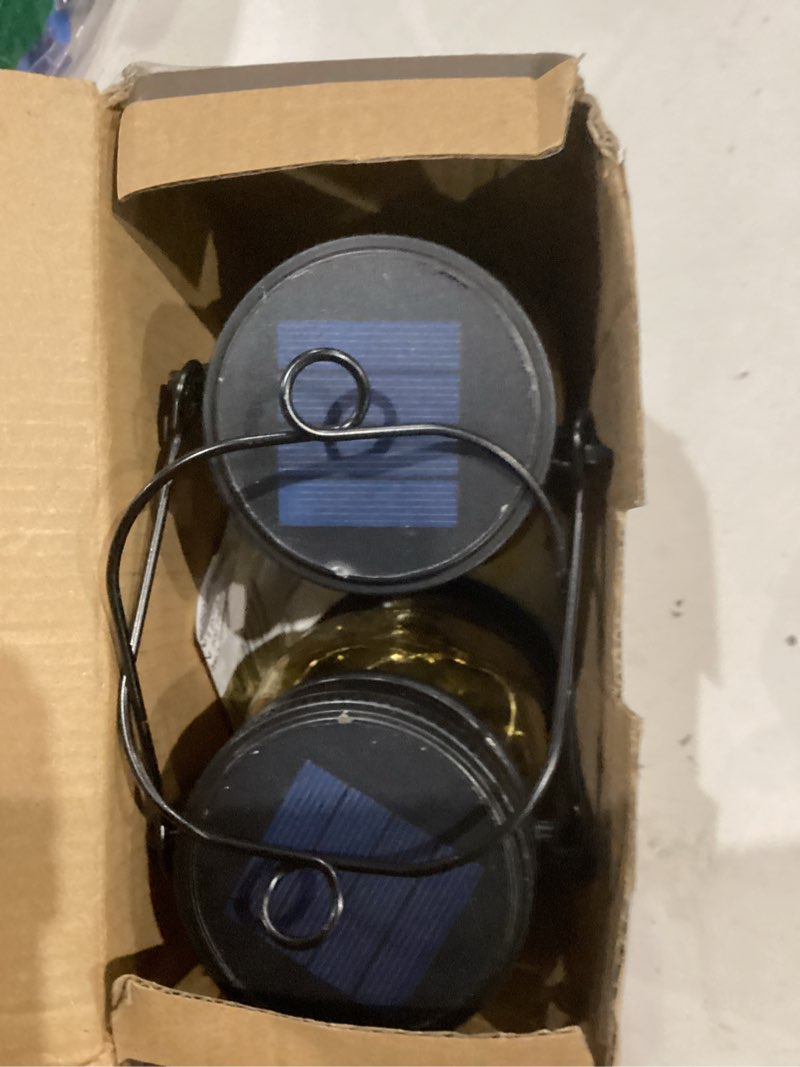 Condition photo showing As Is for 2 pack outdoor hanging solar lantern, cat & dog butterfly theme vintage glass mason jar solar fairy lights, gifts for mom, grandma, women, waterproof garden lights for patio yard lawn tree party decor