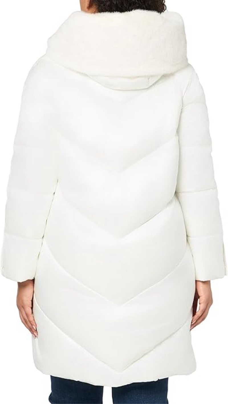 HALSTON Women's Ayssmetrical Shine Fabric Faux Fur Collar Puffer