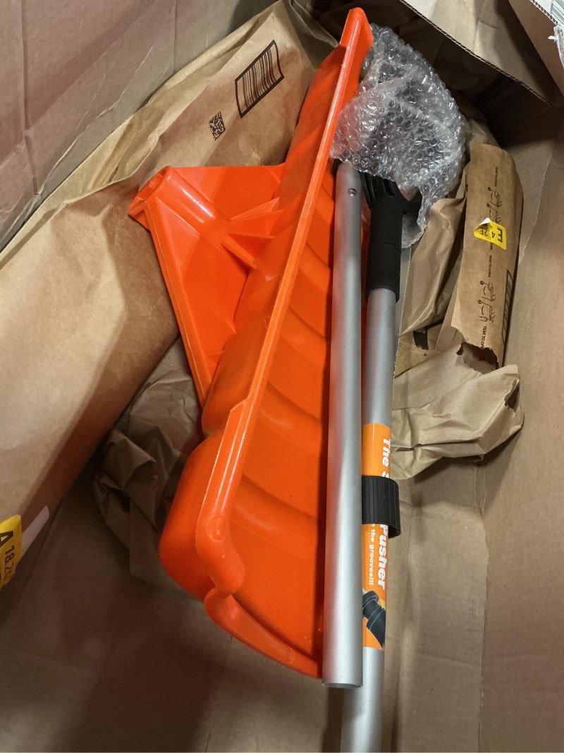 Condition photo showing Good Condition for Snow Pusher, 24-inch Wide Snow Shovel for Driveway, Snow Removal Tool for Car Garage, Sidewalks and Doorways, Snow Pusher Shovel with Ergonomic Grip and Aluminum Strip, Orange