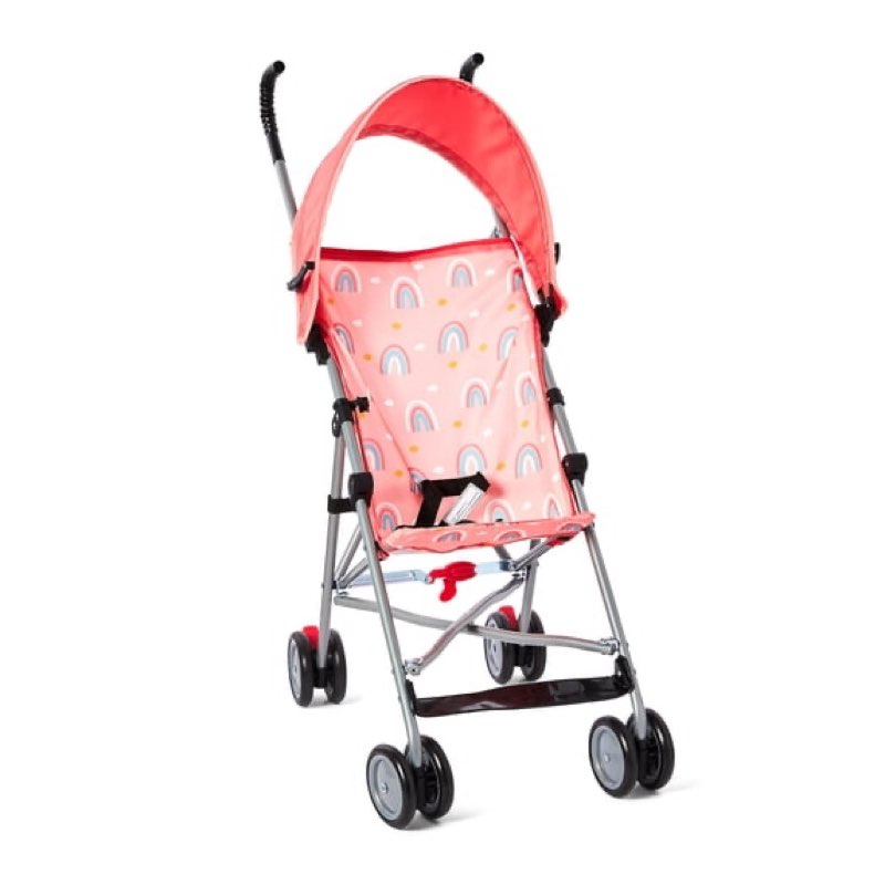parent's choice baby umbrella stroller with adjustable canopy, compact fold, 3-point harness, pink rainbow