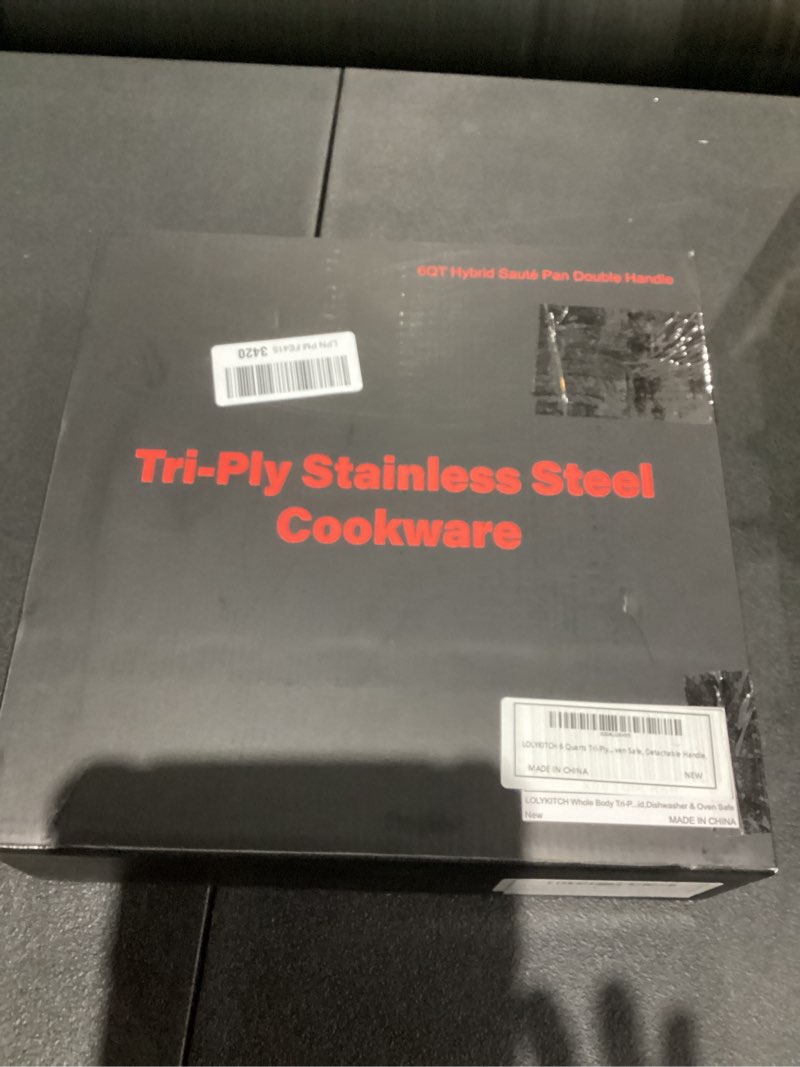 Condition photo showing Good Condition for LOLYKITCH Sauté Pan, 6QT Tri-Ply Stainless Steel Deep Cooking Pan, 12 Inch Everyday Pan with Lid, Large Induction Frying Skillet Compatible with All Cooktops, Two Ergonomic Handles for Conversion 12 Inch, 6 QT