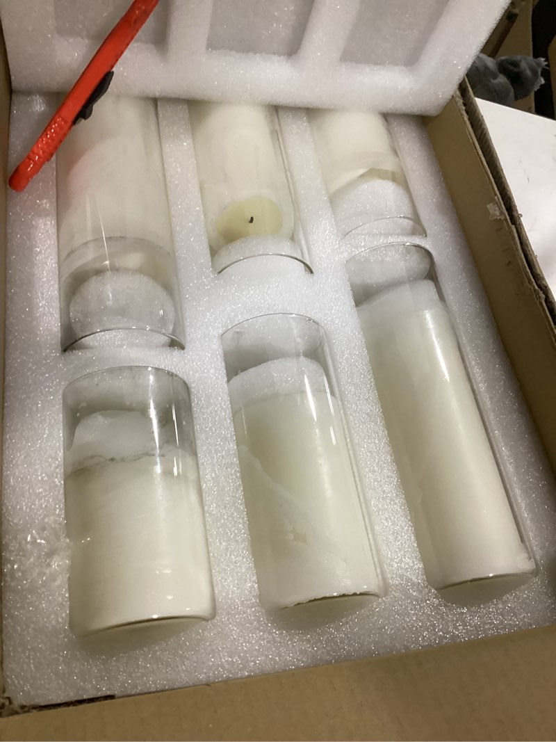 Condition photo showing As Is for 24 pcs white pillar candles with glass candle holders clear hurricane candle holders glass cylinder vases for centerpieces wedding party, event, home decor ivory white ivory white 24