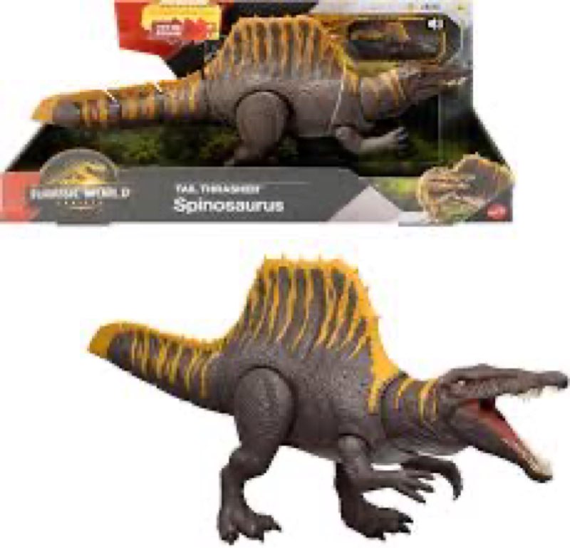 mattel jurassic world rebirth dinosaur toy, tail thrasher spinosaurus action figure with 2 attack moves, movie-accurate & posable, digital play multicolor