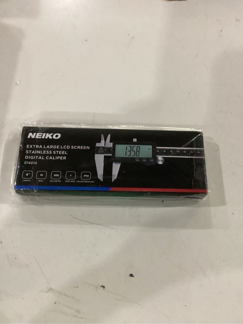 Condition photo showing New/Like New for neiko 01401a 6-inch electronic digital caliper, stainless steel, extra large lcd screen, measurement conversions for inches, millimeters, and fractions stainless steel 6 inch, xl screen