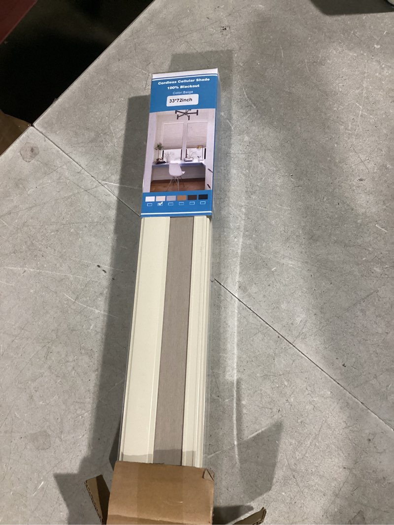 Condition photo showing Good Condition for Changshade Cordless Cellular Shades, Blackout Honeycomb Shades for Windows, Pull Down Pleated Blinds, Easy to Install for Indoor Windows and French Doors,33" W x 64" H, Beige