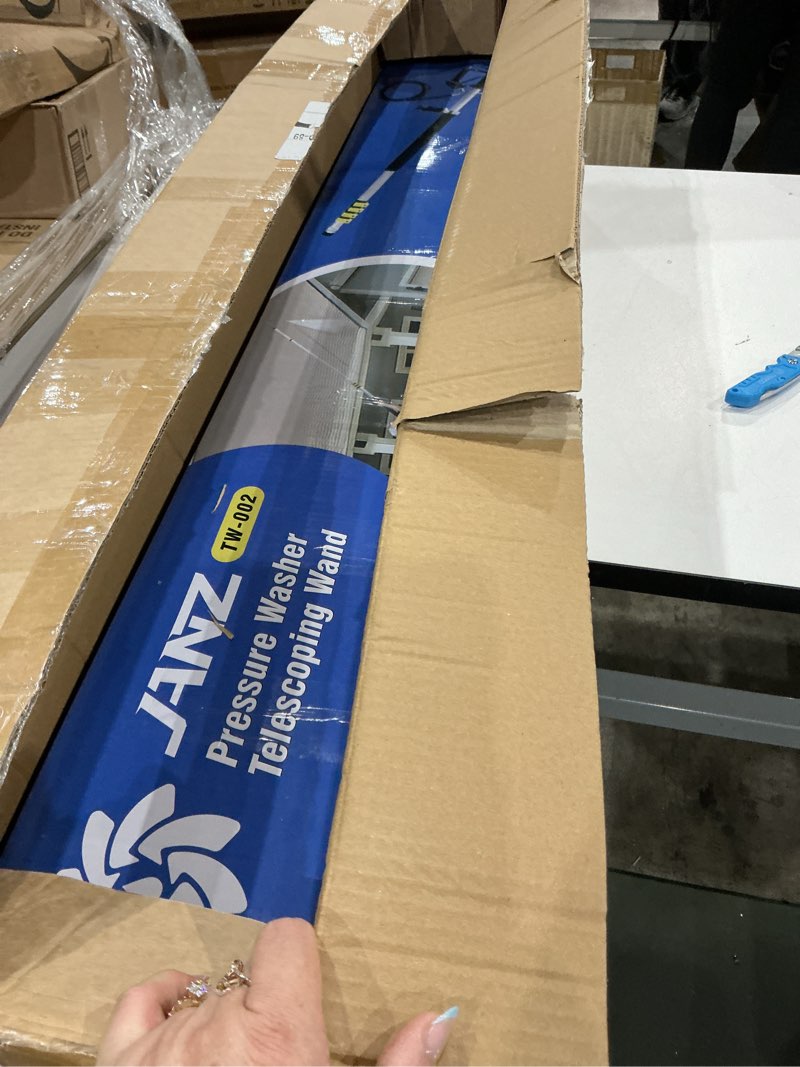 Condition photo showing Good Condition for janz 24 ft, aluminum telescoping pressure washer wand with 2 pressure washer extension wands,gutter cleaner attachment, 7 spray nozzle tips, 2 hose inlet adapters, pivoting coupler and support harness yellow