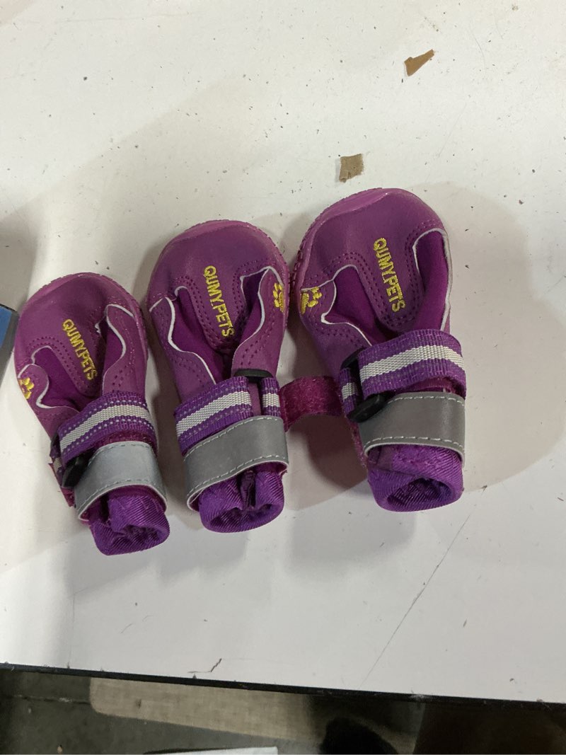 Condition photo showing As Is for qumy dog shoes for large dogs, medium dog boots & paw protectors for winter snowy day, summer hot pavement, water-resistant in rainy weather, outdoor walking, indoor hardfloors skid-resistant sole purple size 1: 1.8''x2.3''(w*l) (pack of 4)