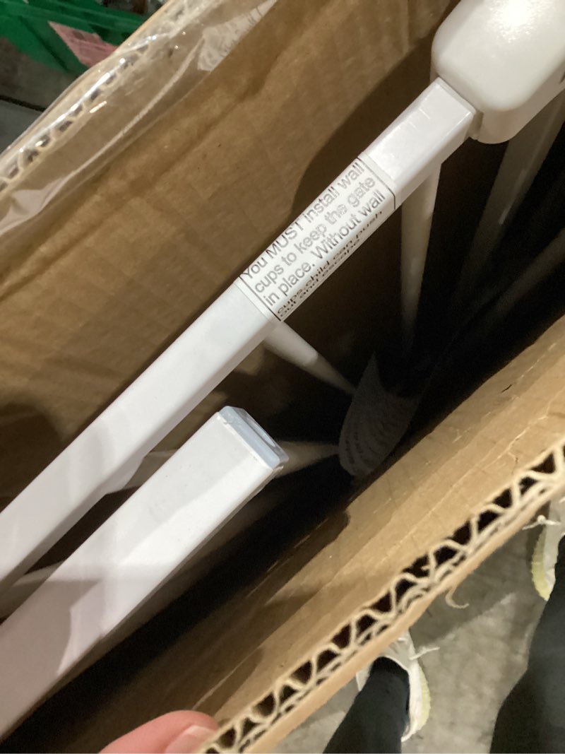 Condition photo showing As Is for keny 36" extra tall baby gate for stairs, 29"-42.5" wide auto close dog gate, pressure mounted easy walk through pet gate for doorways, durable safety stair gate, white white 29-42.5"wide, 36"tall