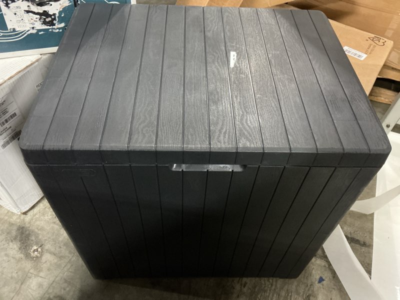 Condition photo showing Good Condition for keter city 30 gallon resin outdoor storage box & patio side table for balcony, pool, deck & garden accessories, weather?resistant, dark grey