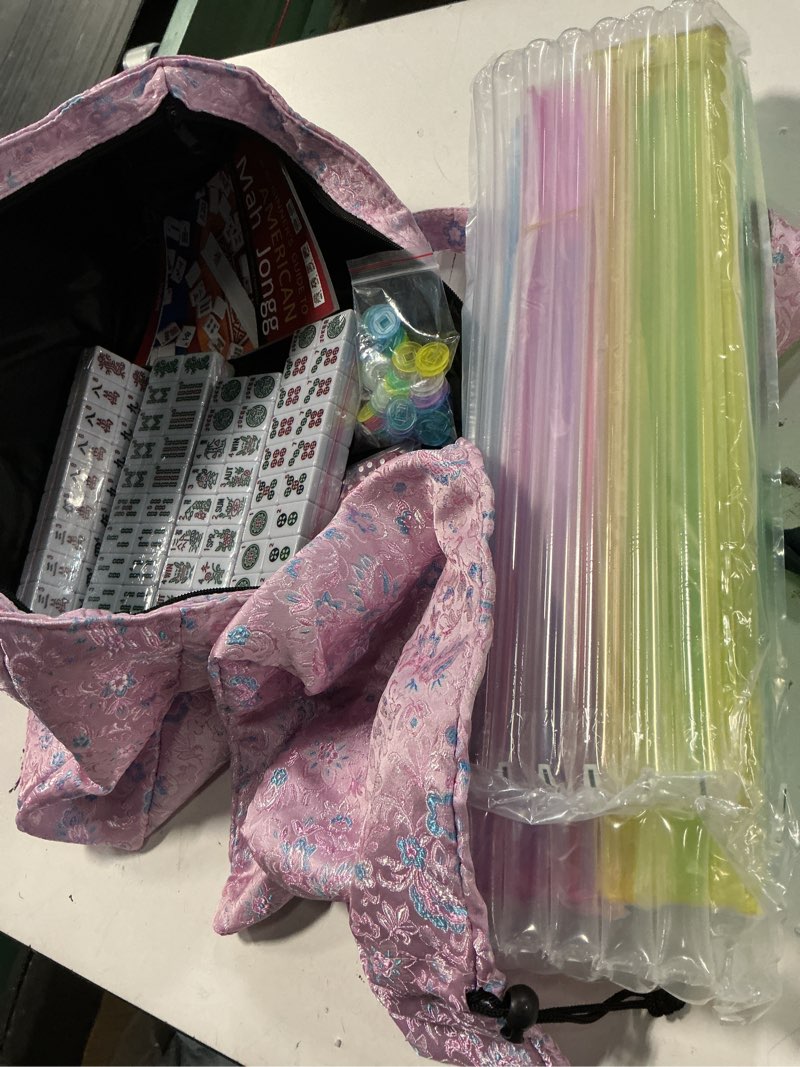 Condition photo showing As Is for american mahjong game set, 166 pink tiles, pink bag and entire accessories, 4 all-in-one rack/pushers, mahjong tiles set