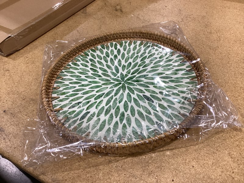 Condition photo showing New/Like New for round rattan tray with mother of pearl inlay, decorative basket with wooden base, woven tray for kitchen island decor, table decor, storage and display of food (green leaves, 11.8") 11.8" green leaves