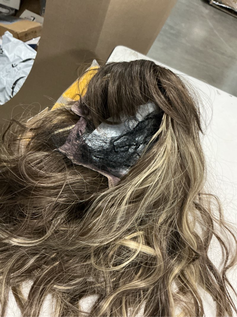 Condition photo showing Good Condition for Brown Curly Bob Wig with Bangs Short Wavy Brown mix Blonde Highlight Wigs for Women Lob Haircut Synthetic Heat Resistant Bob Wigs 14IN…