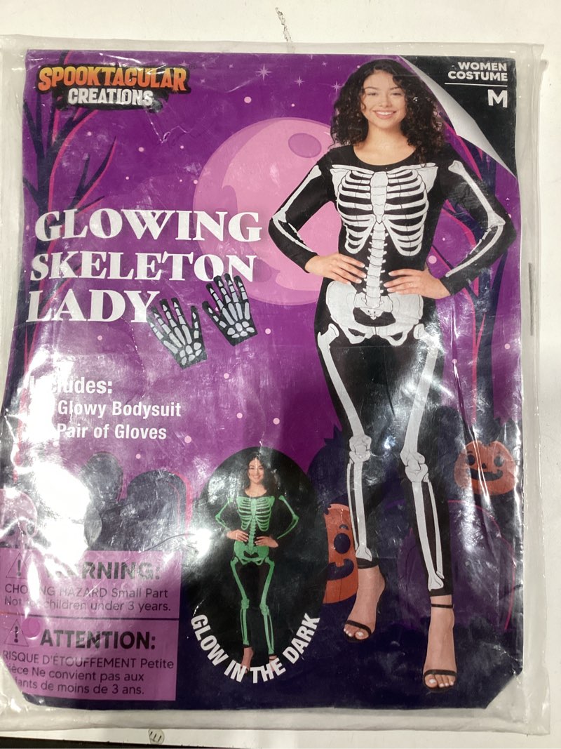 Condition photo showing Good Condition for Spooktacular Creations Adult Glow in the Dark Skeleton Costume Women, Skeleton Bodysuit Halloween Costumes for Women Adult Medium Cartoon