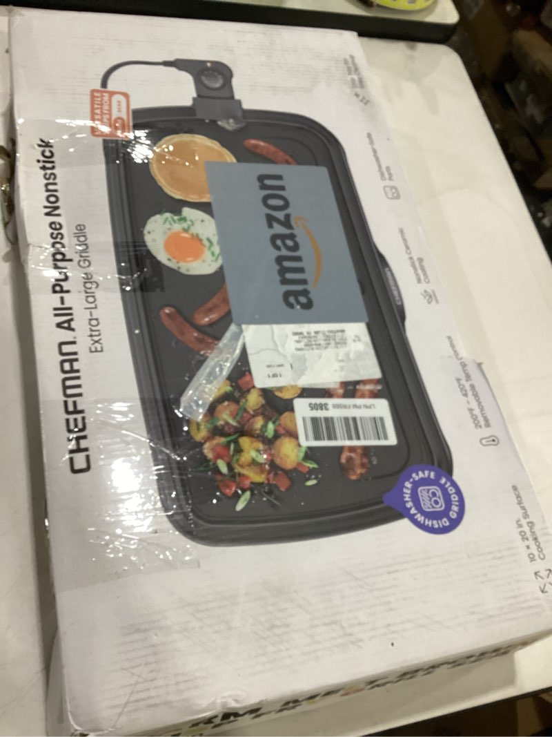 Condition photo showing As Is for chefman xl electric griddle with removable temperature control, immersible flat top grill, burger, eggs, pancake griddle, nonstick extra large cooking surface, slide out drip tray, 10 x 20 inch 10" x 20"